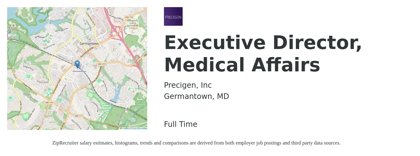Precigen, Inc job posting for a Executive Director, Medical Affairs in Germantown, MD with a salary of $138,200 to $206,900 Yearly with a map of Germantown location.