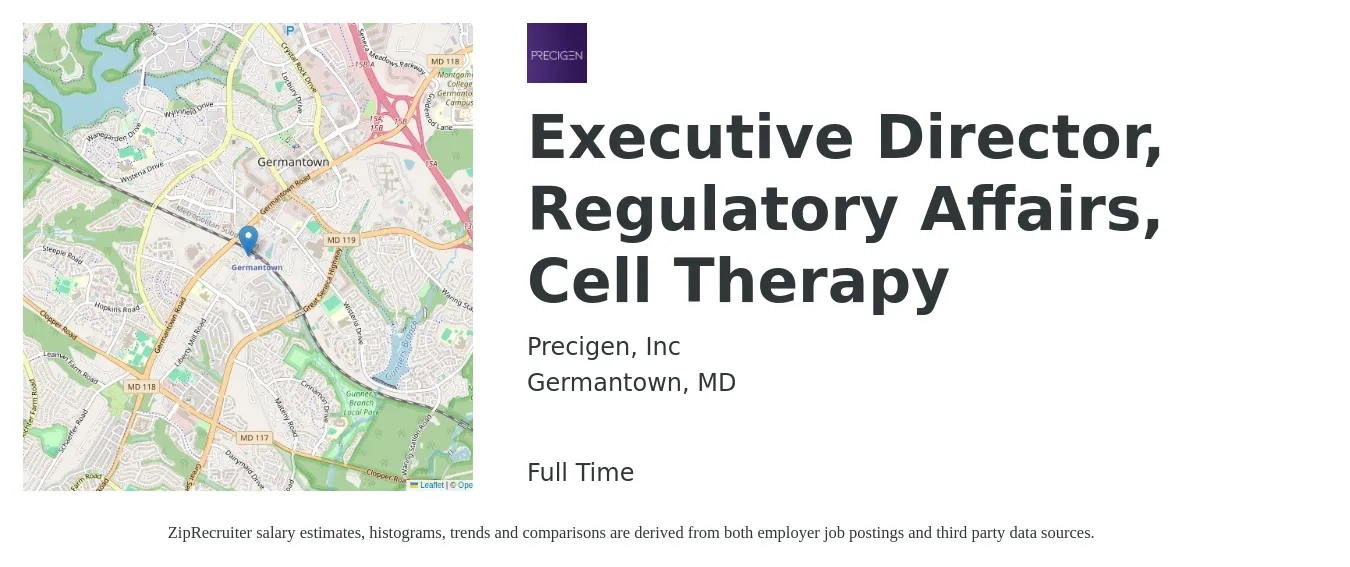 Precigen, Inc job posting for a Executive Director, Regulatory Affairs, Cell Therapy in Germantown, MD with a salary of $152,500 to $201,300 Yearly with a map of Germantown location.