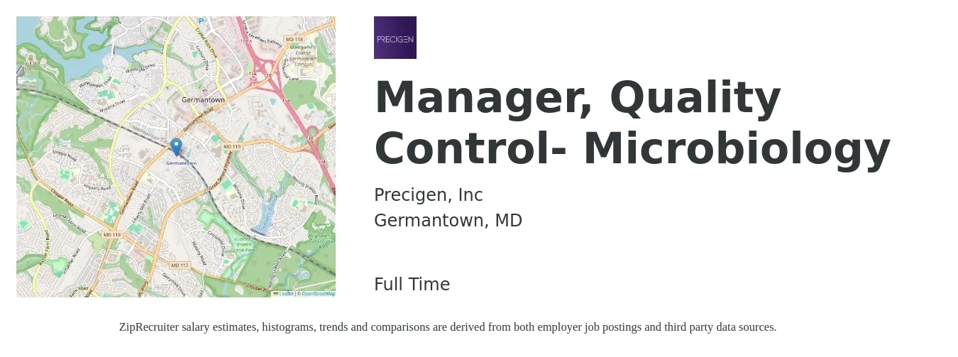 Precigen, Inc job posting for a Manager, Quality Control- Microbiology in Germantown, MD with a salary of $61,500 to $101,600 Yearly with a map of Germantown location.