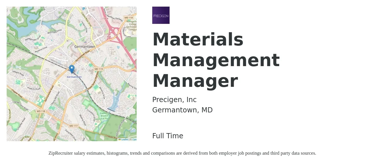 Precigen, Inc job posting for a Materials Management Manager in Germantown, MD with a salary of $64,000 to $104,700 Yearly with a map of Germantown location.