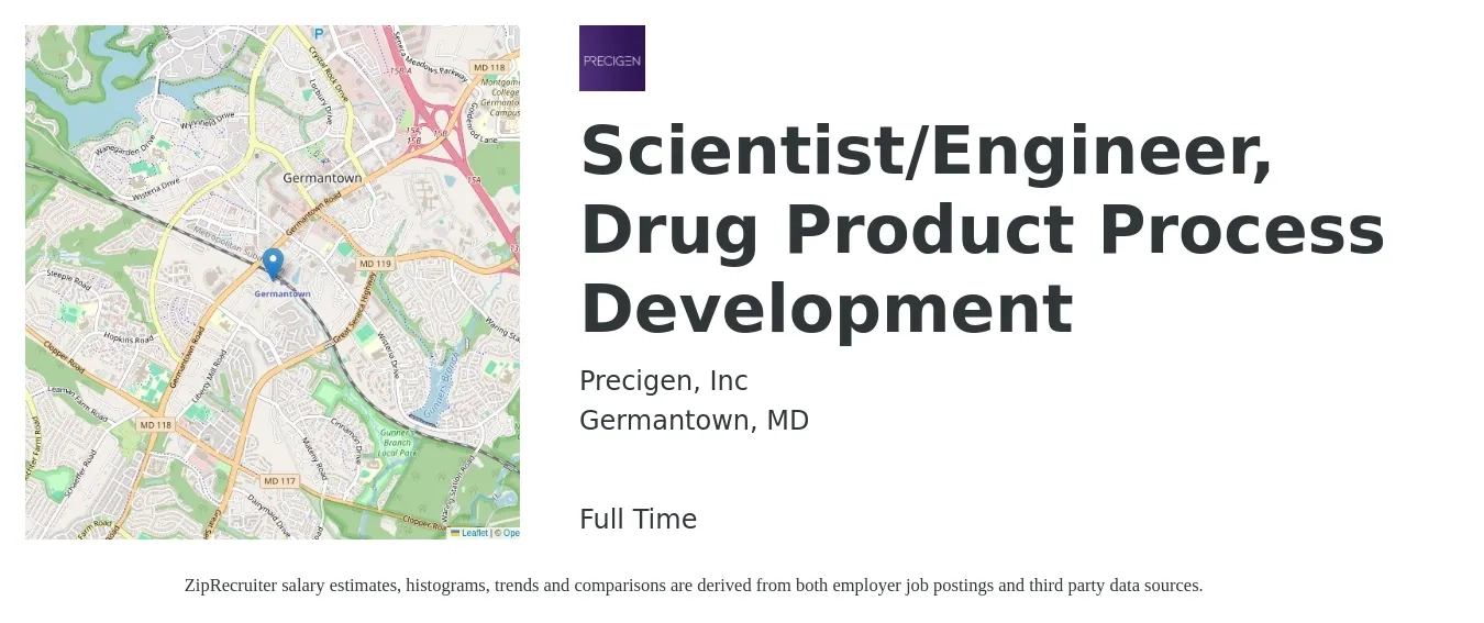 Precigen, Inc job posting for a Scientist/Engineer, Drug Product Process Development in Germantown, MD with a salary of $70,100 to $96,100 Yearly with a map of Germantown location.