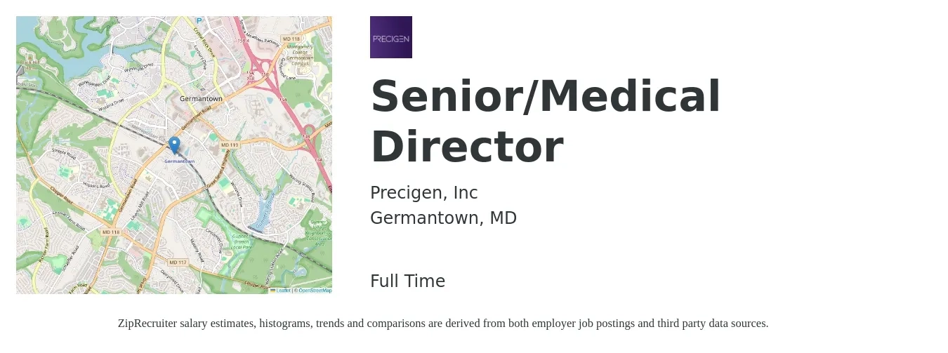 Precigen, Inc job posting for a Senior/Medical Director in Germantown, MD with a salary of $103,200 to $163,700 Yearly with a map of Germantown location.