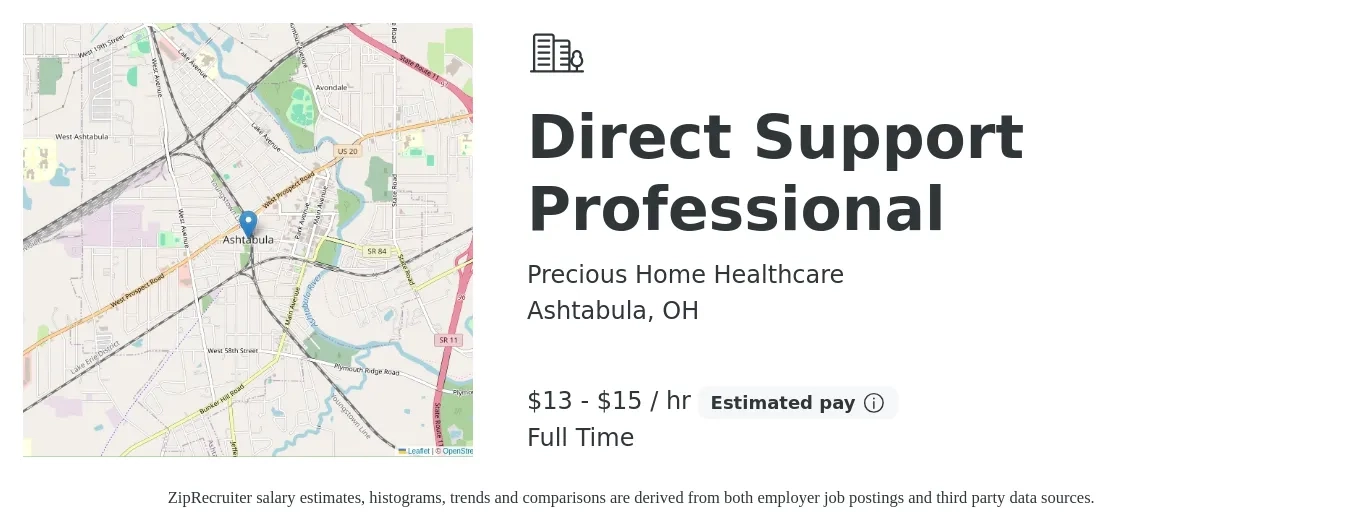 Precious Home Healthcare job posting for a Direct Support Professional in Ashtabula, OH with a salary of $14 to $16 Hourly with a map of Ashtabula location.
