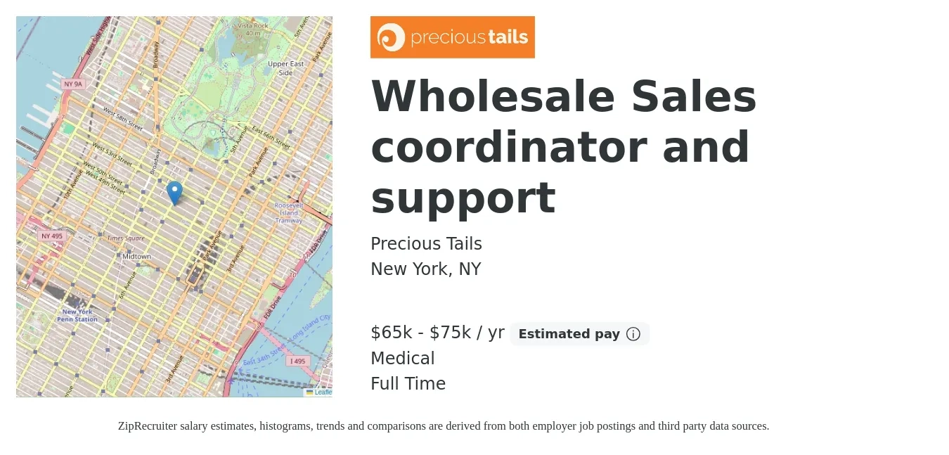 Precious Tails job posting for a Wholesale Sales coordinator and support in New York, NY with a salary of $65,000 to $75,000 Yearly and benefits including medical, and retirement with a map of New York location.