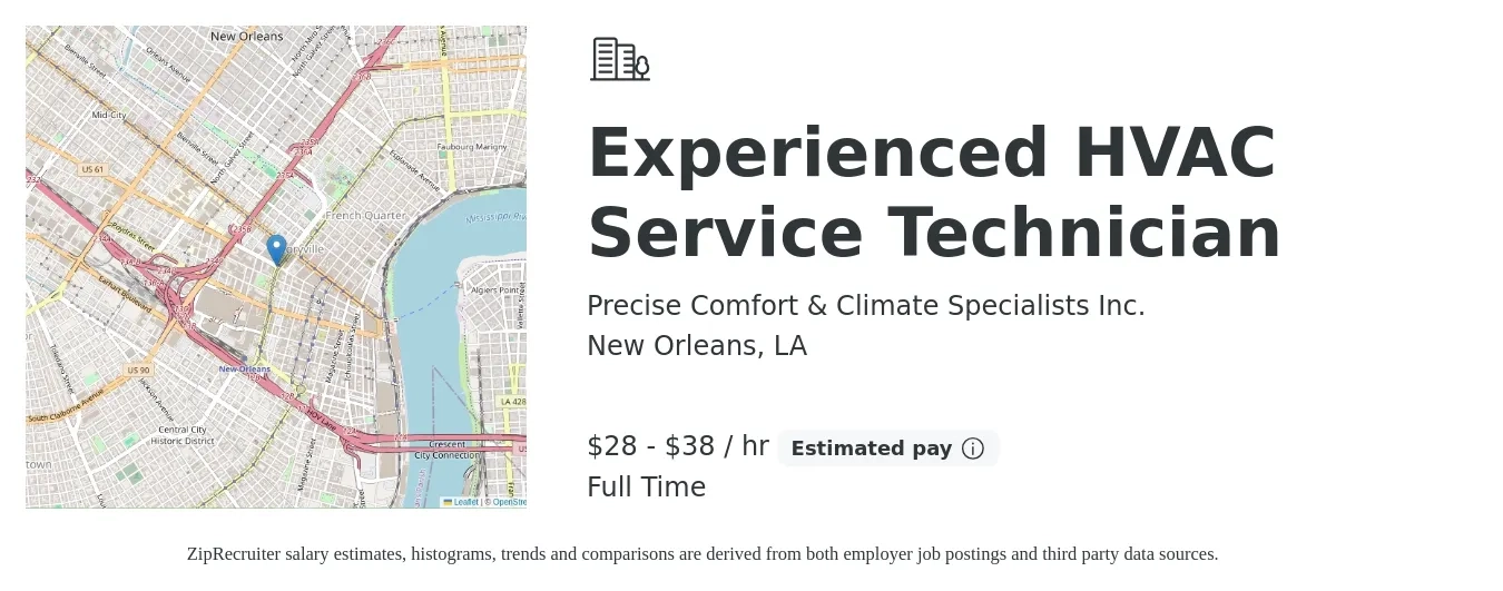 Precise Comfort & Climate Specialists Inc. job posting for a Experienced HVAC Service Technician in New Orleans, LA with a salary of $30 to $40 Hourly with a map of New Orleans location.