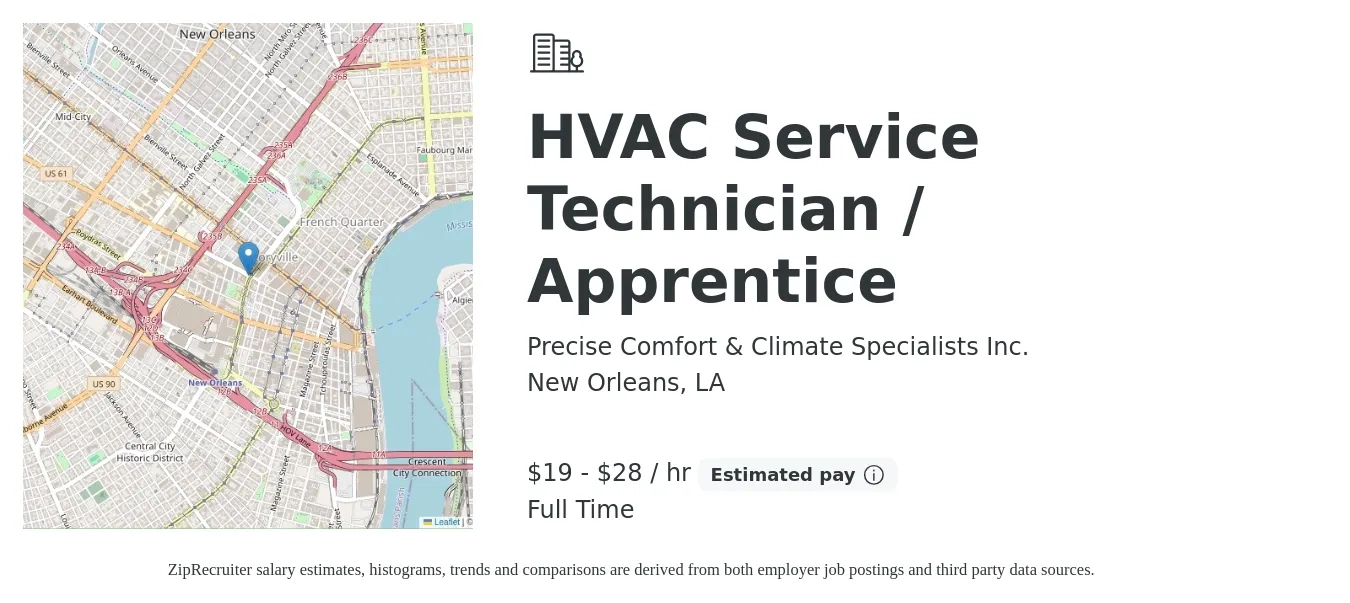 Precise Comfort & Climate Specialists Inc. job posting for a HVAC Service Technician / Apprentice in New Orleans, LA with a salary of $20 to $30 Hourly with a map of New Orleans location.