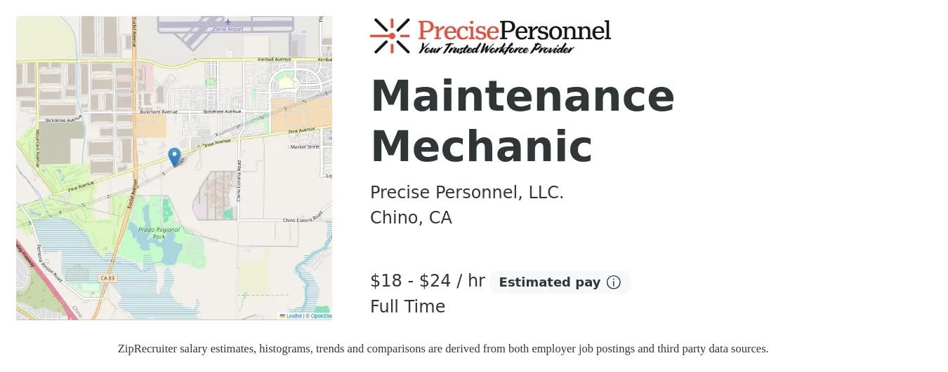 Precise Personnel, LLC. job posting for a Maintenance Mechanic in Chino, CA with a salary of $19 to $25 Hourly with a map of Chino location.