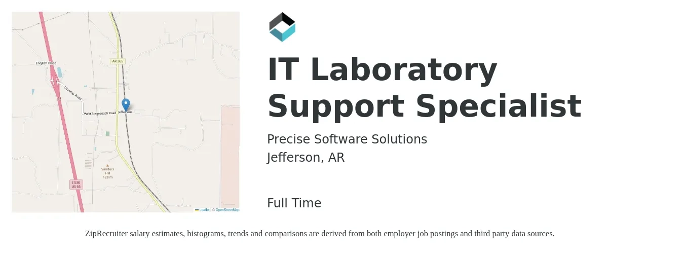 Precise Software Solutions job posting for a IT Laboratory Support Specialist in Jefferson, AR with a salary of $43,700 to $88,400 Yearly with a map of Jefferson location.