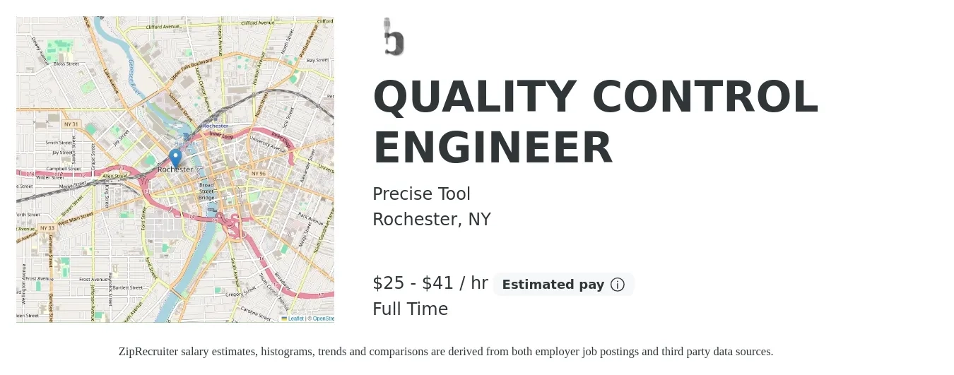 Precise Tool job posting for a QUALITY CONTROL ENGINEER in Rochester, NY with a salary of $27 to $43 Hourly with a map of Rochester location.