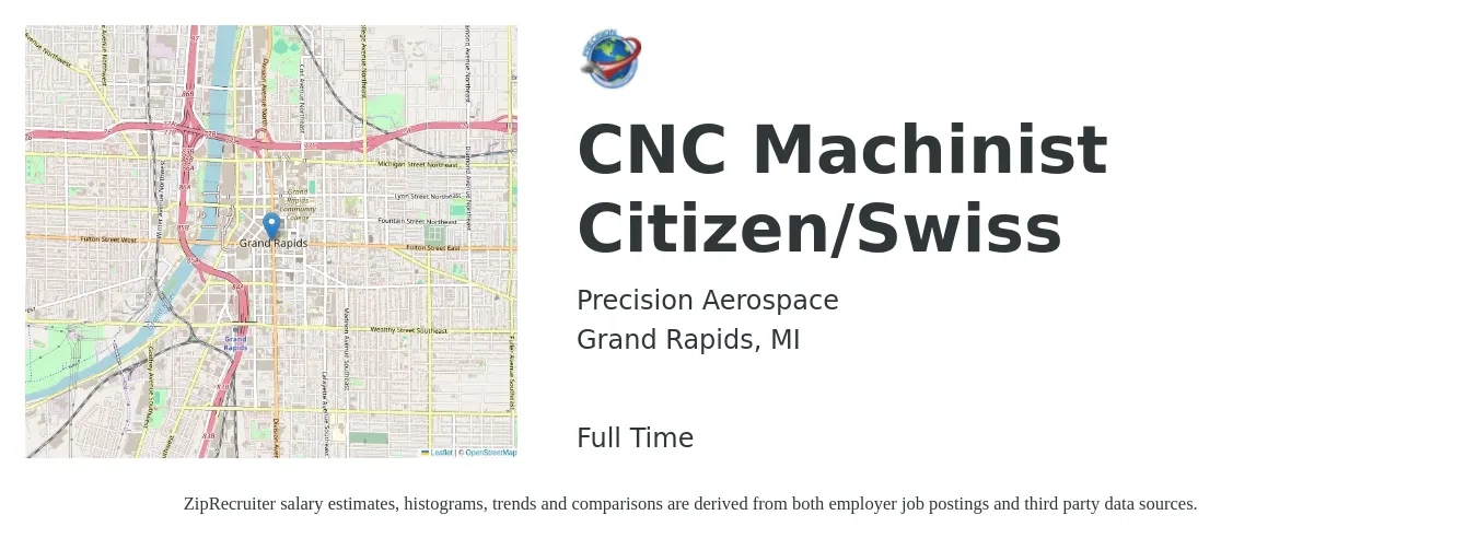 Precision Aerospace job posting for a CNC Machinist Citizen/Swiss in Grand Rapids, MI with a salary of $20 to $25 Hourly with a map of Grand Rapids location.