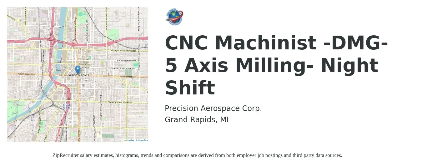 Precision Aerospace Corp. job posting for a CNC Machinist -DMG- 5 Axis Milling- Night Shift in Grand Rapids, MI with a salary of $20 to $27 Hourly with a map of Grand Rapids location.