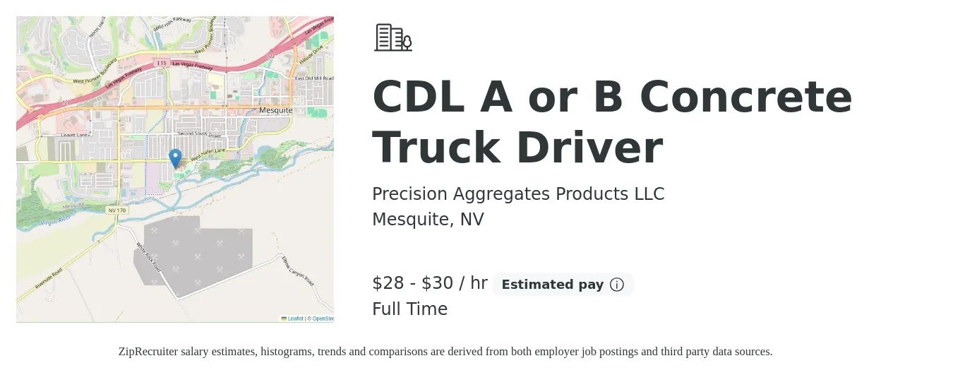 Precision Aggregates Products LLC job posting for a CDL A or B Concrete Truck Driver in Mesquite, NV with a salary of $18 to $23 Hourly with a map of Mesquite location.