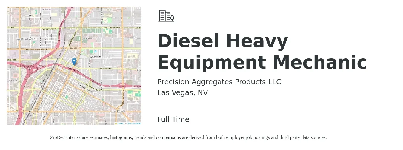 Precision Aggregates Products LLC job posting for a Diesel Heavy Equipment Mechanic in Las Vegas, NV with a salary of $21 to $30 Hourly with a map of Las Vegas location.