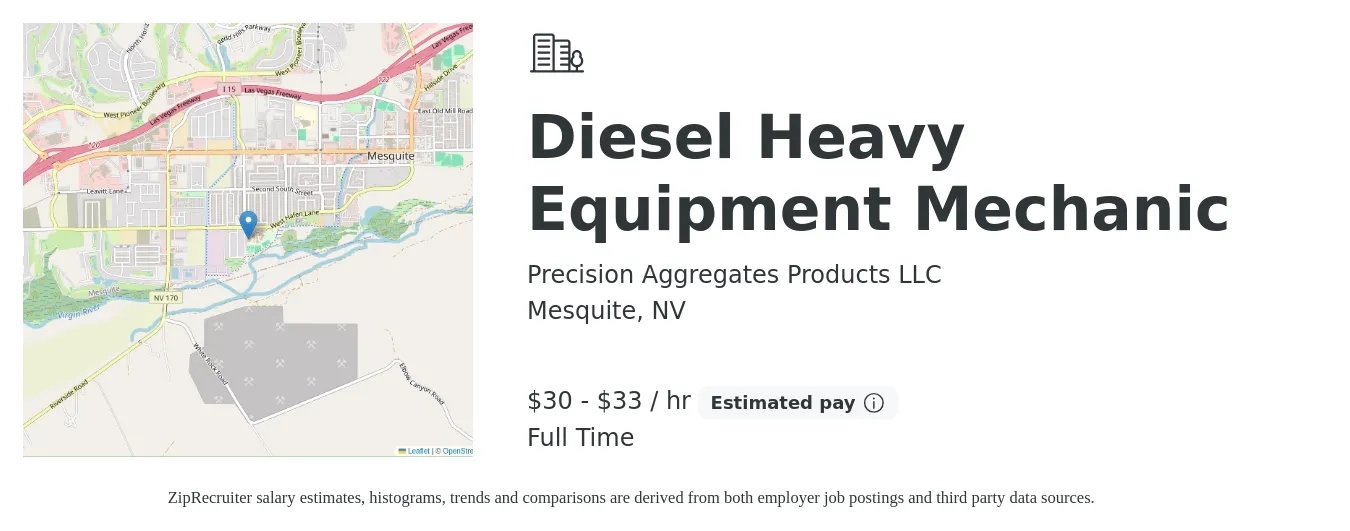 Precision Aggregates Products LLC job posting for a Diesel Heavy Equipment Mechanic in Mesquite, NV with a salary of $21 to $29 Hourly with a map of Mesquite location.