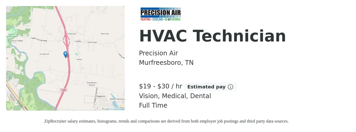 Precision Air job posting for a HVAC Technician in Murfreesboro, TN with a salary of $20 to $32 Hourly and benefits including dental, life_insurance, medical, pto, retirement, and vision with a map of Murfreesboro location.