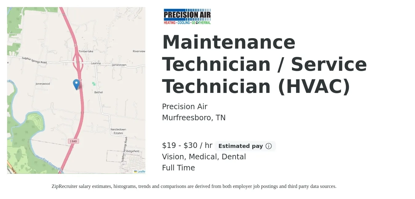 Precision Air job posting for a Maintenance Technician / Service Technician (HVAC) in Murfreesboro, TN with a salary of $20 to $32 Hourly and benefits including vision, dental, life_insurance, medical, and retirement with a map of Murfreesboro location.