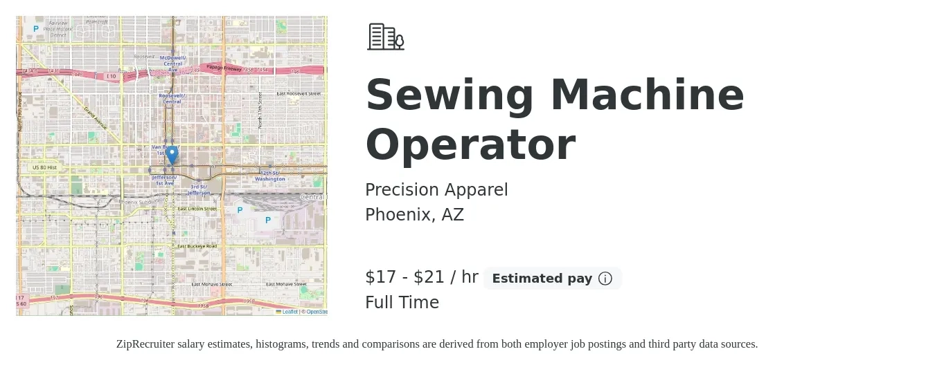 Precision Apparel job posting for a Sewing Machine Operator in Phoenix, AZ with a salary of $14 to $17 Hourly with a map of Phoenix location.