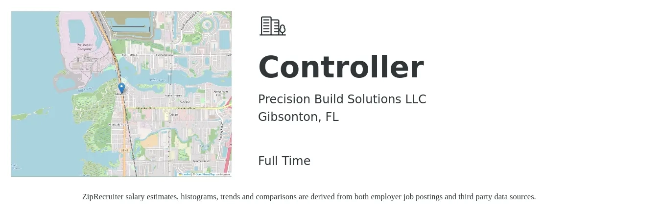 Precision Build Solutions LLC job posting for a Controller in Gibsonton, FL with a salary of $82,100 to $117,300 Yearly with a map of Gibsonton location.
