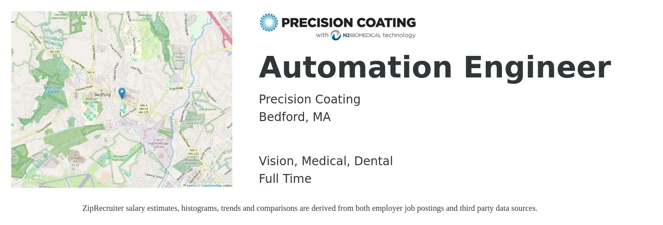 Precision Coating job posting for a Automation Engineer in Bedford, MA with a salary of $91,000 to $129,900 Yearly and benefits including life_insurance, medical, retirement, vision, and dental with a map of Bedford location.