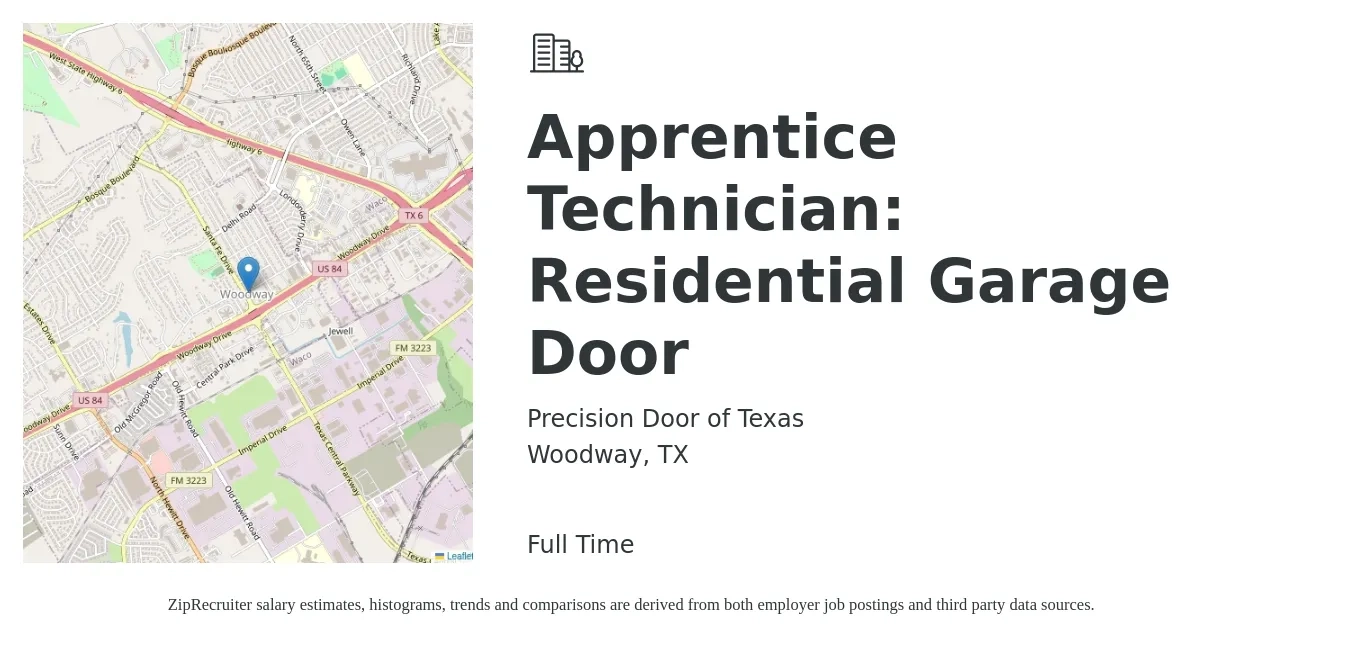 Precision Door of Texas job posting for a Apprentice Technician: Residential Garage Door in Woodway, TX with a salary of $50,000 to $70,000 Yearly with a map of Woodway location.