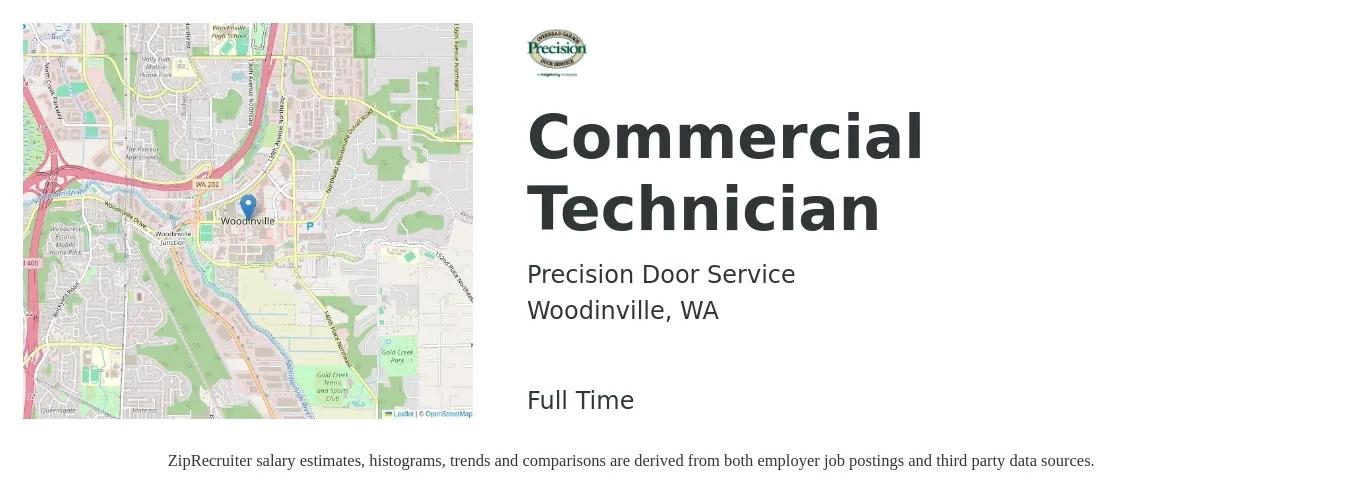 Precision Door Service job posting for a Commercial Technician in Woodinville, WA with a salary of $26 Hourly with a map of Woodinville location.