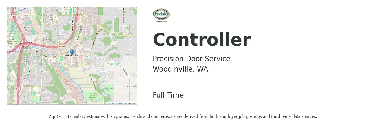 Precision Door Service job posting for a Controller in Woodinville, WA with a salary of $160,000 to $180,000 Yearly with a map of Woodinville location.