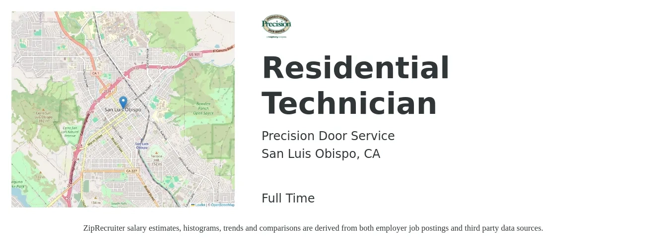 Precision Door Service job posting for a Residential Technician in San Luis Obispo, CA with a salary of $18 to $22 Hourly with a map of San Luis Obispo location.
