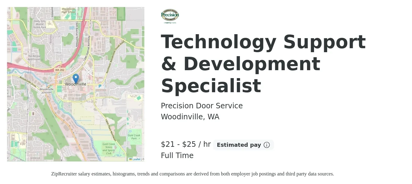 Precision Door Service job posting for a Technology Support & Development Specialist in Woodinville, WA with a salary of $22 to $27 Hourly with a map of Woodinville location.