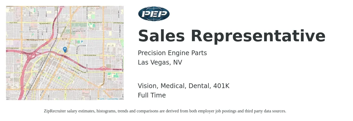 Precision Engine Parts job posting for a Sales Representative in Las Vegas, NV with a salary of $51,100 to $88,800 Yearly and benefits including 401k, dental, life_insurance, medical, and vision with a map of Las Vegas location.