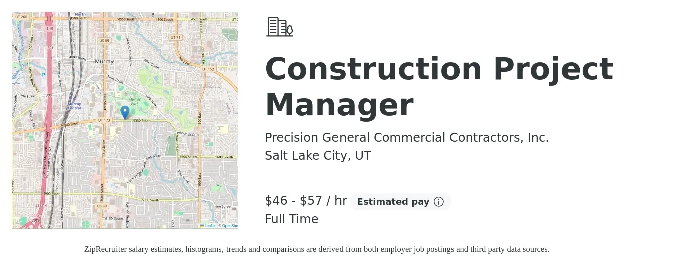 Precision General Commercial Contractors, Inc. job posting for a Construction Project Manager in Salt Lake City, UT with a salary of $100,000 to $125,000 Yearly with a map of Salt Lake City location.