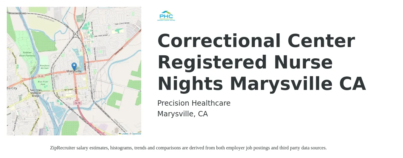 Precision Health Care job posting for a Correctional Center Registered Nurse Nights Marysville CA in Marysville, CA with a salary of $2,362 Daily with a map of Marysville location.