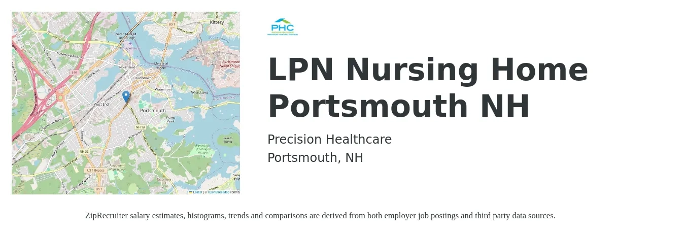 Precision Healthcare job posting for a LPN - Nursing Home - Portsmouth NH in Portsmouth, NH with a salary of $2,003 Daily with a map of Portsmouth location.