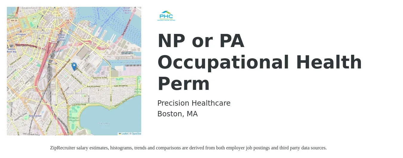 Precision Healthcare job posting for a NP or PA - Occupational Health (Perm) in Boston, MA with a salary of $118,400 to $153,200 Yearly with a map of Boston location.