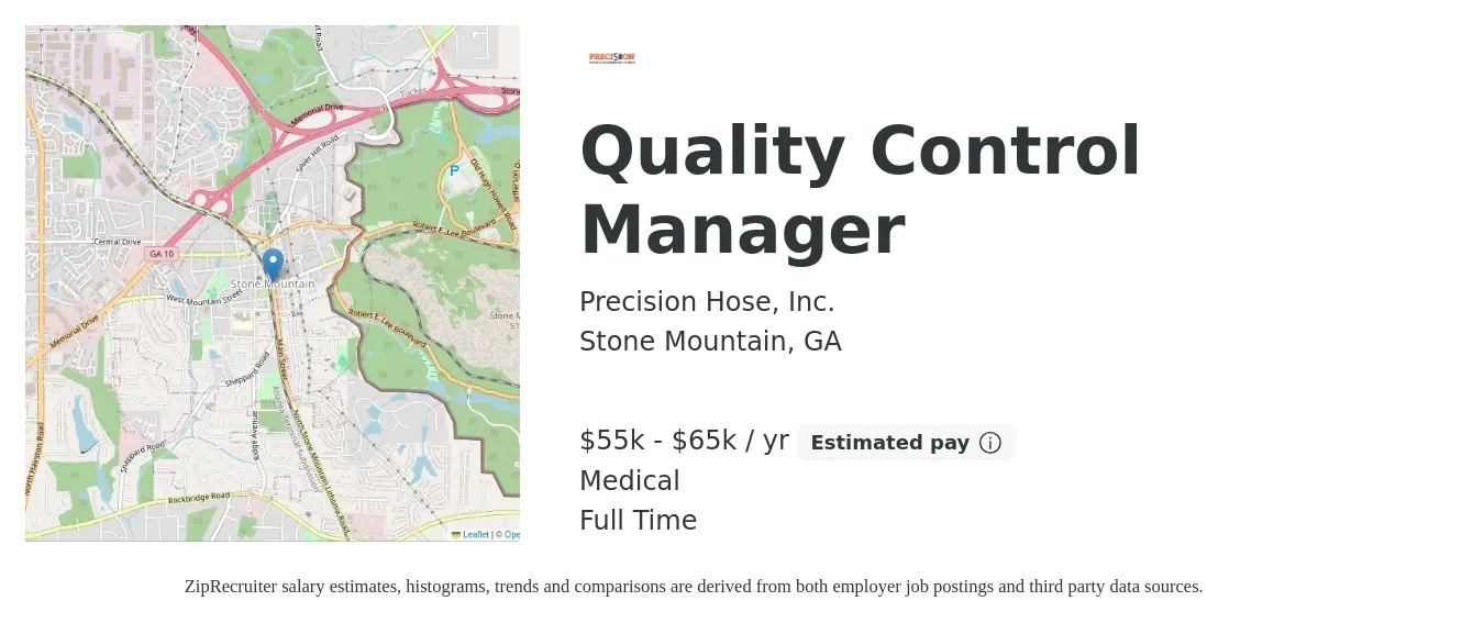 Precision Hose, Inc. job posting for a Quality Control Manager in Stone Mountain, GA with a salary of $55,000 to $65,000 Yearly and benefits including medical, pto, and retirement with a map of Stone Mountain location.