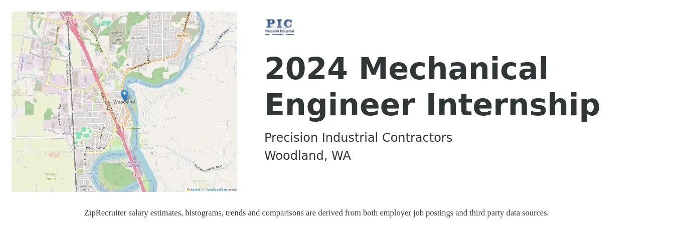 Precision Industrial Contractors job posting for a 2024 Mechanical Engineer Internship in Woodland, WA with a salary of $2,024 Weekly with a map of Woodland location.