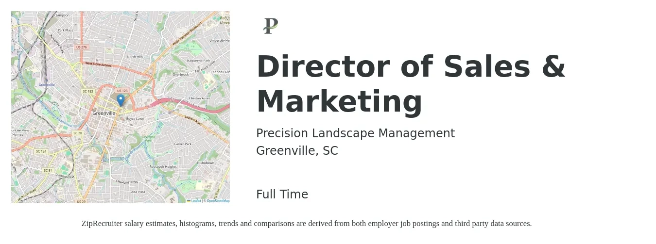 Precision Landscape Management job posting for a Director of Sales & Marketing in Greenville, SC with a salary of $56,500 to $101,800 Yearly with a map of Greenville location.