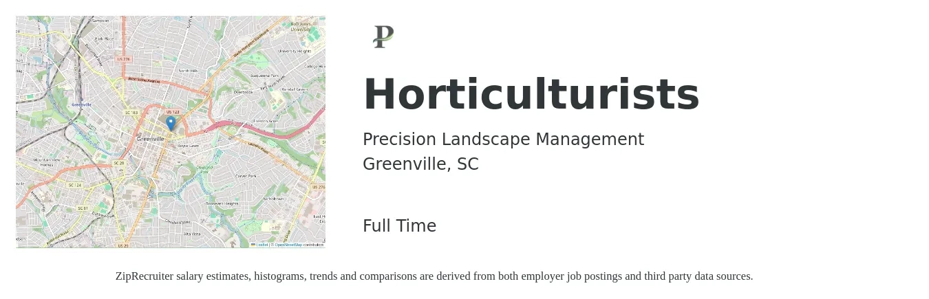 Precision Landscape Management job posting for a Horticulturists in Greenville, SC with a salary of $16 to $24 Hourly with a map of Greenville location.