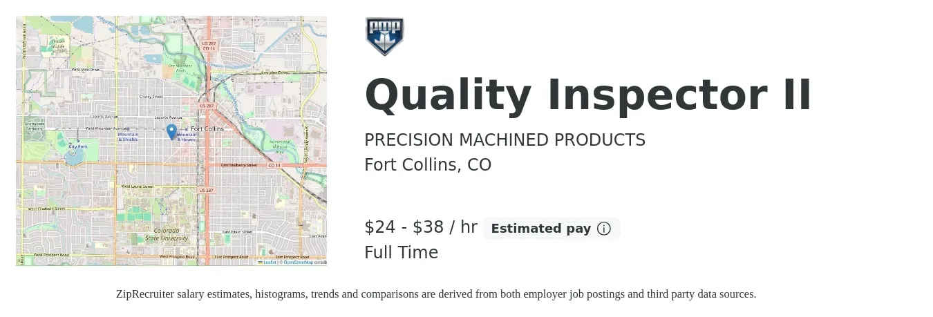 PRECISION MACHINED PRODUCTS job posting for a Quality Inspector II in Fort Collins, CO with a salary of $25 to $40 Hourly with a map of Fort Collins location.