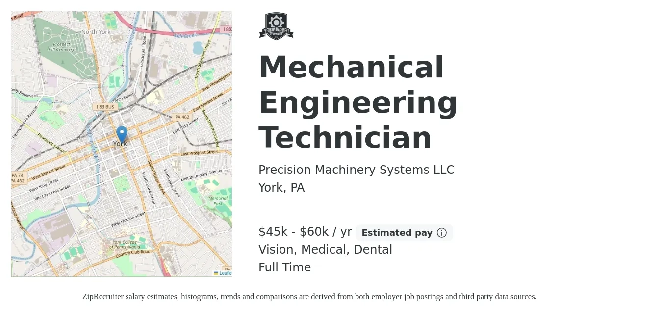 Precision Machinery Systems LLC job posting for a Mechanical Engineering Technician in York, PA with a salary of $45,000 to $60,000 Yearly and benefits including retirement, vision, dental, life_insurance, medical, and pto with a map of York location.