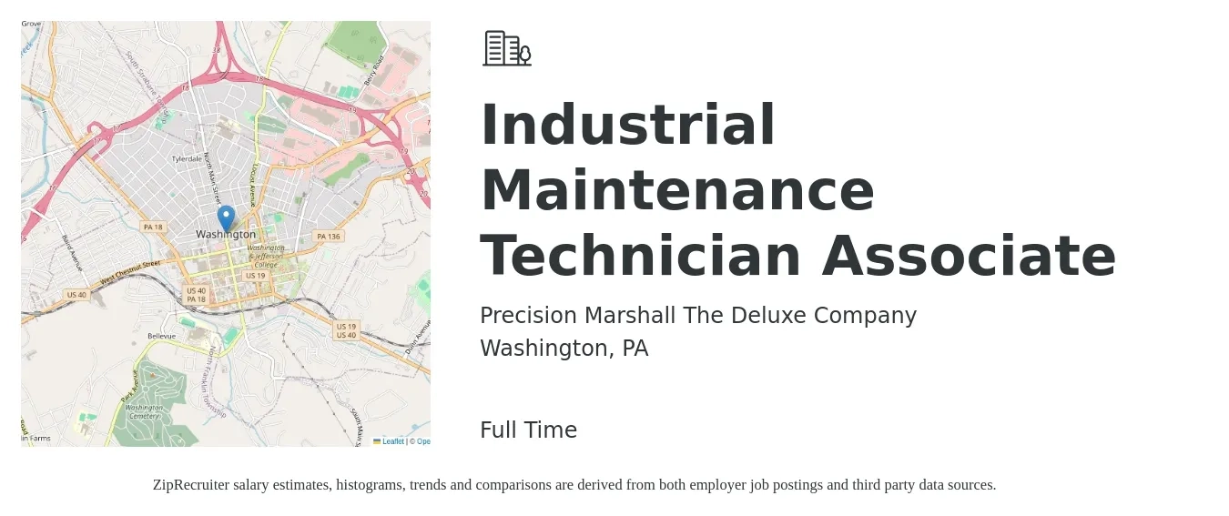 Precision Marshall The Deluxe Company job posting for a Industrial Maintenance Technician Associate in Washington, PA with a salary of $32 to $37 Hourly with a map of Washington location.