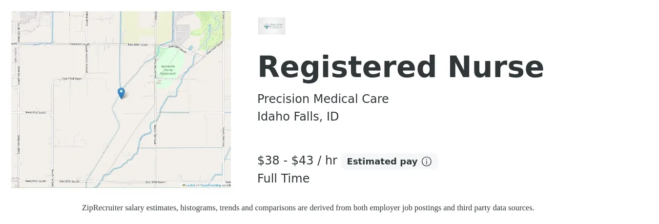 Precision Medical Care job posting for a Registered Nurse in Idaho Falls, ID with a salary of $40 to $45 Hourly with a map of Idaho Falls location.