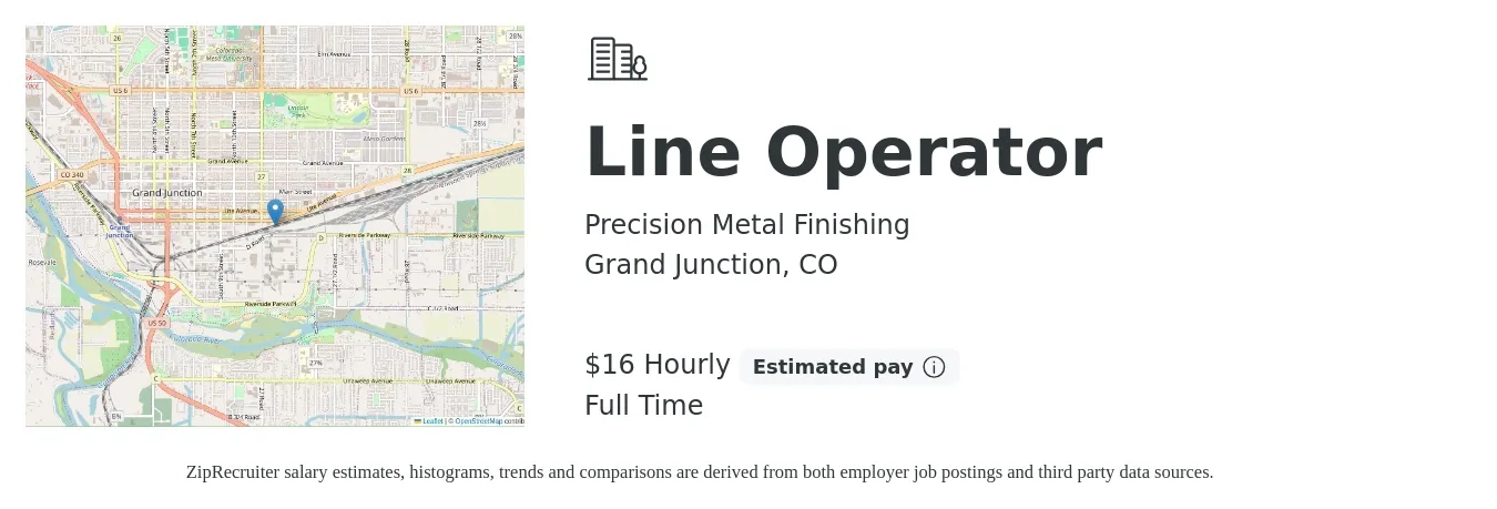 Precision Metal Finishing job posting for a Line Operator in Grand Junction, CO with a salary of $17 Hourly with a map of Grand Junction location.
