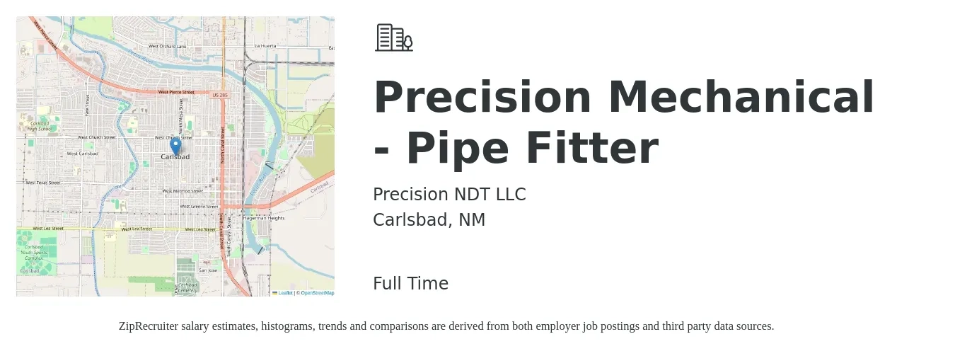 Precision NDT LLC job posting for a Precision Mechanical - Pipe Fitter in Carlsbad, NM with a salary of $21 to $27 Hourly with a map of Carlsbad location.