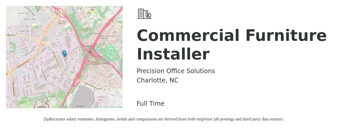 Precision Office Solutions job posting for a Commercial Furniture Installer in Charlotte, NC with a salary of $20 to $27 Hourly with a map of Charlotte location.