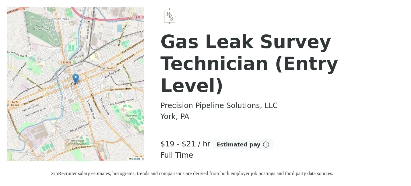 Precision Pipeline Solutions, LLC job posting for a Gas Leak Survey Technician (Entry Level) in York, PA with a salary of $20 to $22 Hourly with a map of York location.