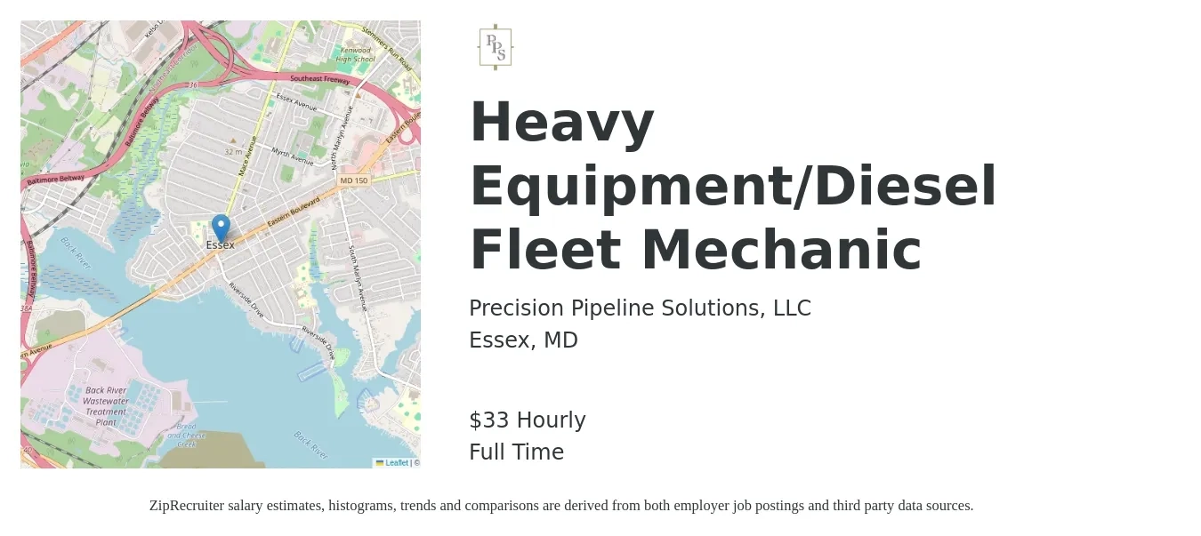 Precision Pipeline Solutions, LLC job posting for a Heavy Equipment/Diesel Fleet Mechanic in Essex, MD with a salary of $35 Hourly with a map of Essex location.