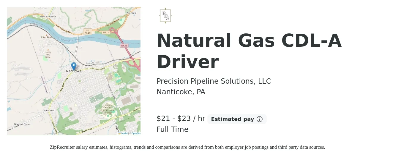 Precision Pipeline Solutions, LLC job posting for a Natural Gas CDL-A Driver in Nanticoke, PA with a salary of $22 to $24 Hourly with a map of Nanticoke location.
