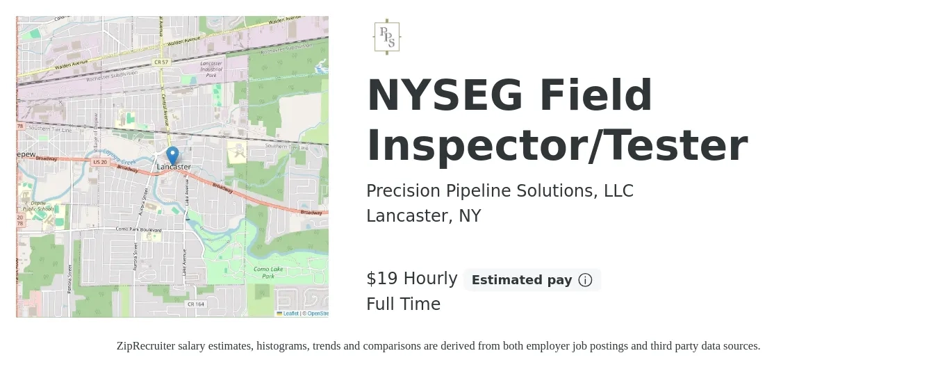 Precision Pipeline Solutions, LLC job posting for a NYSEG Field Inspector/Tester in Lancaster, NY with a salary of $20 Hourly with a map of Lancaster location.
