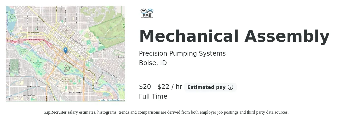 Precision Pumping Systems job posting for a Mechanical Assembly in Boise, ID with a salary of $21 to $23 Hourly with a map of Boise location.