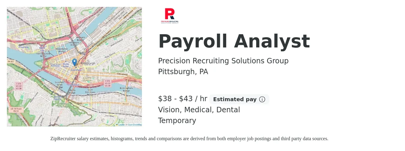Precision Recruiting Solutions Group job posting for a Payroll Analyst in Pittsburgh, PA with a salary of $40 to $45 Hourly and benefits including vision, dental, and medical with a map of Pittsburgh location.